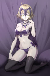 Rule 34 | 1girl, bikini, black thighhighs, blonde hair, blush, breasts, cleavage, fate/grand order, fate (series), helmet, highres, hiko (630090143), jeanne d&#039;arc (fate), jeanne d&#039;arc alter (avenger) (fate), jeanne d&#039;arc alter (fate), jewelry, kneeling, looking at viewer, navel, necklace, pale skin, short hair, smile, solo, swimsuit, thighhighs, yellow eyes