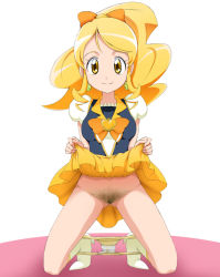 Rule 34 | 10s, 1girl, blonde hair, bow, clover, colored pubic hair, cure honey, earrings, female pubic hair, hair ornament, hairy, happinesscharge precure!, jewelry, jouwan, long hair, magical girl, oomori yuuko, panties, panties around ankles, panty pull, ponytail, precure, pubic hair, short sleeves, simple background, skirt, smile, solo, uncensored, underwear, wavy hair, yellow eyes, yellow skirt