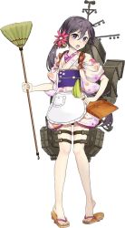 Rule 34 | 10s, 1girl, akebono (kancolle), bare legs, bell, black eyes, black hair, broom, drew (drew213g), dustpan, flower, full body, geta, hair bell, hair flower, hair ornament, holding, holding dustpan, japanese clothes, jingle bell, kantai collection, kimono, long hair, looking at viewer, machinery, no socks, obi, official art, open mouth, pigeon-toed, sandals, sash, short kimono, side ponytail, solo, tasuki, tiptoes, toenails, transparent background