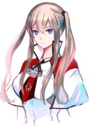 Rule 34 | 1girl, blonde hair, blue eyes, capelet, closed mouth, cross, graf zeppelin (kancolle), iron cross, kantai collection, kasumi (skchkko), long hair, looking at viewer, necktie, shirt, simple background, solo, upper body, white background, white shirt