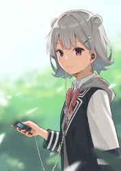 Rule 34 | 1girl, ascot, blazer, blue jacket, bow, bowtie, cable, cevio, commentary, double bun, earbuds, earphones, film grain, from side, grey hair, grey hoodie, hair bun, hair ornament, hairclip, highres, holding, hood, hoodie, jacket, koharu rikka, light smile, looking at viewer, looking to the side, media player interface, minatsuki (m1natsuk1), pink bow, pink bowtie, purple eyes, short hair, solo, standing, synthesizer v, upper body