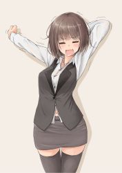 Rule 34 | 1girl, = =, bob cut, breasts, brown hair, cowboy shot, formal, highres, jewelry, navel, necklace, open mouth, original, pencil skirt, rucchiifu, short hair, simple background, skirt, solo, stretching, suit, thighhighs, thighs, trembling, vest, yawning, zettai ryouiki