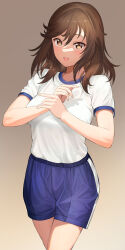 Rule 34 | 1girl, a1 (initial-g), blue shorts, breasts, brown background, brown hair, commentary request, gradient background, gym shirt, gym uniform, hair between eyes, highres, ichijou hotaru, looking at viewer, medium breasts, medium hair, non non biyori, open mouth, shirt, short sleeves, shorts, solo, thighs, tongue, tongue out, white shirt