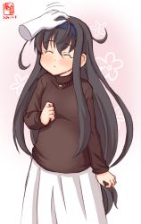 Rule 34 | 1girl, alternate costume, artist logo, black hair, black shirt, blue headband, commentary request, dated, closed eyes, hand on another&#039;s head, hatsushimo (kancolle), headband, highres, jewelry, kanon (kurogane knights), kantai collection, light blush, long hair, long skirt, long sleeves, low-tied long hair, necklace, headpat, shirt, simple background, skirt, solo, turtleneck, white background, white skirt