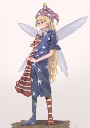 Rule 34 | 1girl, american flag dress, american flag legwear, blonde hair, breasts, closed mouth, clownpiece, commentary request, expressionless, fairy wings, full body, half-closed eyes, hat, highres, holding, holding clothes, holding skirt, jester cap, light blush, long hair, looking down, mamasaro, neck ruff, pantyhose, polka dot, purple eyes, purple hat, short sleeves, simple background, skirt, small breasts, solo, standing, star (symbol), star print, touhou, very long hair, white background, wings, wooden floor