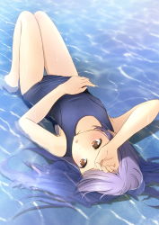 Rule 34 | 1girl, arm up, bare arms, bare legs, bare shoulders, barefoot, blue one-piece swimsuit, breasts, brown eyes, commentary request, highres, knees up, long hair, lying, old school swimsuit, on back, one-piece swimsuit, original, purple hair, school swimsuit, shallow water, shibacha, small breasts, solo, swimsuit, water, wet