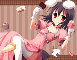 Rule 34 | 1girl, :q, adapted costume, animal ears, boned meat, brown hair, cake, cat, cherry, cupcake, doughnut, female focus, flat chest, food, food on face, fork, fruit, ice cream, ice cream cone, inaba tewi, kujiran, licking lips, looking at viewer, macaron, meat, pie, rabbit ears, red eyes, short hair, solo, thighhighs, tongue, tongue out, touhou, white thighhighs