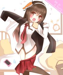 Rule 34 | 1girl, alarm clock, bag, bed, black jacket, black thighhighs, blazer, blush, bread, bread slice, brown eyes, brown hair, cellphone, clock, clothes hanger, clothes pull, collared shirt, commentary request, english text, flying sweatdrops, food, hair between eyes, hair brush, hairband, highres, jacket, lightning bolt symbol, long hair, long sleeves, looking at viewer, necktie, non (wednesday-classic), open mouth, original, phone, pillow, pleated skirt, red necktie, red skirt, school bag, school uniform, shirt, skirt, skirt pull, smartphone, solo, standing, standing on one leg, sweat, thighhighs, toast, very long hair, white background, white hairband, white shirt