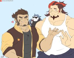 Rule 34 | 3boys, :p, bad tag, bara, beard, blurry, boogeyman (housamo), clothes around waist, contest winner, crossover, depth of field, dislyte, facial hair, flat color, forked eyebrows, freddy (fenrir) (dislyte), furry, furry male, goatee, heart, high ponytail, highres, jacket, jacket around waist, large pectorals, leo (leoandaslan), leoandaslan (leobongnana), letterman jacket, male focus, medium hair, multicolored hair, multiple boys, muscular, muscular male, mustache stubble, mutton chops, original, pectoral cleavage, pectorals, promotional art, short hair, sparse stubble, stubble, sunglasses, sweatdrop, tank top, thick beard, tokyo houkago summoners, tongue, tongue out, tusks, two-tone hair, upper body, waving, white tank top, yaoi