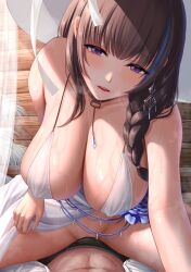 Rule 34 | 1boy, 1girl, bikini, blue hair, blush, braid, braided ponytail, breasts, brown hair, goddess of victory: nikke, hair over shoulder, hanging breasts, hat, huge breasts, large hat, long hair, looking at viewer, mary (bay goddess) (nikke), mary (nikke), momi yuro, multicolored hair, official alternate costume, purple eyes, streaked hair, sun hat, sweat, swimsuit, swimsuit cover-up, unusually open eyes, white bikini