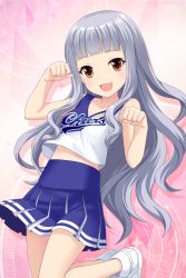 Rule 34 | 1girl, absurdres, alternative girls, bare arms, blue shirt, blue skirt, brown eyes, cheerleader, highres, hiiragi tsumugi, long hair, looking at viewer, official art, open mouth, paw pose, pink background, shirt, silver hair, skirt, sleeveless, sleeveless shirt, smile, solo, white footwear, white shirt