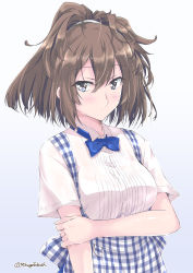 Rule 34 | 1girl, alternate costume, apron, blue apron, blue bow, blue bowtie, bow, bowtie, breasts, brown hair, gingham, gingham apron, grey eyes, kantai collection, kobeya, kobeya uniform, long hair, messy hair, mikage takashi, plaid, plaid apron, pleated shirt, sheffield (kancolle), small breasts, solo, upper body, waitress