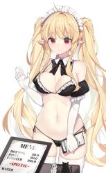 Rule 34 | 1girl, ahoge, bare shoulders, bikini, black bikini, black bow, black bowtie, blonde hair, blush, bow, bowtie, breasts, chukibabo2, clipboard, closed mouth, commentary request, detached sleeves, elbow gloves, frilled bikini, frilled sleeves, frills, gloves, hand up, highres, holding, holding clipboard, korean commentary, long hair, looking at viewer, maid headdress, medium breasts, menu, navel, original, pointy ears, red eyes, short sleeves, side-tie bikini bottom, simple background, smile, solo, standing, stomach, string bikini, swimsuit, thighhighs, twintails, very long hair, white background, white gloves, white thighhighs
