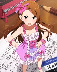 Rule 34 | 1girl, angry, bow, brown hair, card (medium), dress, forehead, frilled dress, frills, hair ornament, hairband, idolmaster, idolmaster million live!, idolmaster million live! theater days, minase iori, mini person, minigirl, official art, open mouth, paper, pink bow, pink dress, pink eyes, pink hairband, pointing, solo, wrist cuffs, zipper