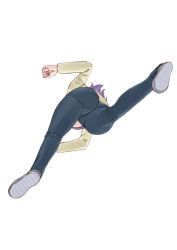 Rule 34 | 1girl, ass, commentary request, easy (aqk7bdqt), from below, full body, kagamihara sakura, long hair, purple hair, ribbed sweater, shoes, solo, sweater, walking, yurucamp