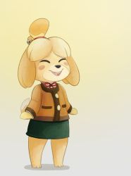 Rule 34 | 1girl, ^ ^, animal crossing, animal ears, animal nose, barefoot, bell, blonde hair, blush stickers, body fur, brown jacket, closed eyes, dog ears, dog girl, dog tail, female focus, flat chest, full body, furry, furry female, gradient background, green skirt, hair bell, hair ornament, hair tie, happy, highres, isabelle (animal crossing), jacket, jingle bell, little grey wolf, long sleeves, miniskirt, neck ribbon, nintendo, open mouth, pencil skirt, red ribbon, ribbon, shirt, short hair, simple background, skirt, smile, solo, standing, tail, teeth, topknot, white shirt, yellow background, yellow fur