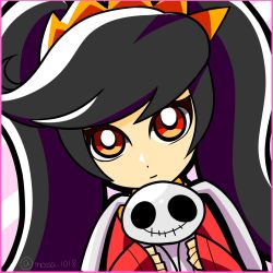 Rule 34 | 1girl, ashley (warioware), big hair, black hair, border, bright pupils, closed mouth, commentary request, dutch angle, hairband, highres, holding, holding stuffed toy, long hair, looking at viewer, mossa (gennkinamossa), multicolored hair, nintendo, orange hairband, pink border, red eyes, sleeves past wrists, solo, stuffed animal, stuffed rabbit, stuffed toy, twintails, twitter username, two-tone hair, upper body, warioware, wide sleeves