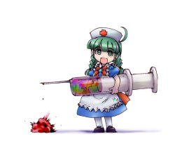 Rule 34 | 1girl, ahoge, braid, green hair, large syringe, me-tan, os-tan, oversized object, solo, syringe, thighhighs, twin braids