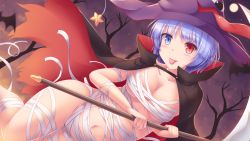 Rule 34 | 1girl, :p, bandages, bare tree, black cape, blue eyes, blue hair, blush, breasts, cape, cleavage, collarbone, commentary request, full moon, hat, heterochromia, highres, holding, holding scythe, looking at viewer, lzh, medium breasts, moon, naked bandage, navel, night, outdoors, popped collar, red cape, red eyes, scythe, short hair, solo, tatara kogasa, tongue, tongue out, touhou, tree, two-sided cape, two-sided fabric, witch hat
