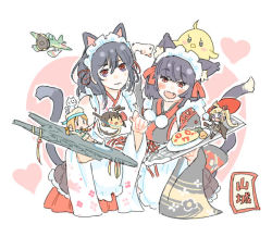 Rule 34 | 2girls, :d, animal ears, azur lane, bad id, bad twitter id, black hair, cat ears, cat tail, character name, crossover, detached sleeves, error musume, fang, flight deck, hair ribbon, historical name connection, jibakurei (elite unchi), kantai collection, looking at viewer, maid headdress, multiple girls, name connection, nontraditional miko, open mouth, red eyes, ribbon, short hair, smile, tail, wavy mouth, white background, wide sleeves, yamashiro (azur lane), yamashiro (kancolle)