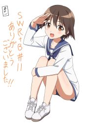 Rule 34 | 1girl, blue one-piece swimsuit, blush, brown eyes, brown hair, collarbone, dress, eyebrows hidden by hair, full body, highres, kanata mako, looking at viewer, military, military uniform, miyafuji yoshika, one-piece swimsuit, open mouth, sailor dress, salute, shiny skin, short hair, simple background, sitting, smile, solo, strike witches, swimsuit, translation request, uniform, white background, world witches series