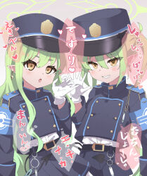 Rule 34 | 2girls, belt, black belt, black hat, black jacket, black shorts, black skirt, black tail, blue archive, blush, buttons, demon tail, double-breasted, earrings, fang, gloves, green hair, green halo, hair between eyes, halo, hat, heart, hikari (blue archive), nozomi (blue archive), highres, jacket, jewelry, long hair, long sleeves, multiple girls, open mouth, peaked cap, pleated skirt, pointy ears, shorts, sidelocks, single earring, skin fang, skirt, tail, twintails, white gloves, yellow eyes, yucblossom