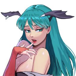 Rule 34 | 1girl, absurdres, bare shoulders, bat wings, breasts, capcom, cleavage, darkstalkers, demon girl, fangs, finger to mouth, green eyes, green hair, head wings, heart, heart-shaped pupils, highres, large breasts, long hair, looking to the side, morrigan aensland, red lips, symbol-shaped pupils, upper body, watcher hollow, wings