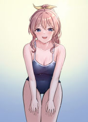 Rule 34 | 1girl, :d, absurdres, armpit crease, bang dream!, bare arms, bare shoulders, blue background, blue eyes, blue one-piece swimsuit, blush, breasts, cleavage, collarbone, commentary request, covered navel, cowboy shot, hair between eyes, hair ribbon, hands on own thighs, highres, leaning forward, light brown hair, looking at viewer, medium breasts, medium hair, one-piece swimsuit, open mouth, ponytail, ptal, ribbon, school swimsuit, sidelocks, smile, solo, standing, swimsuit, teeth, thigh gap, thighs, upper teeth only, water drop, wet, wet hair, yamabuki saya, yellow background, yellow ribbon