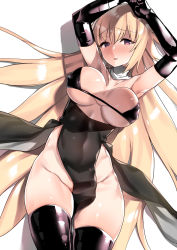 Rule 34 | 1girl, bare hips, bikini, bikini top only, black dress, blonde hair, board game, breasts, cleavage, commentary request, covered navel, cowboy shot, dress, elbow gloves, fate/grand order, fate (series), gloves, go (board game), jeanne d&#039;arc (fate), jeanne d&#039;arc (ruler) (fate), large breasts, long hair, lying, micro bikini, on back, pelvic curtain, purple eyes, shayoo, solo, swimsuit, thighhighs, thighs, very long hair, white background