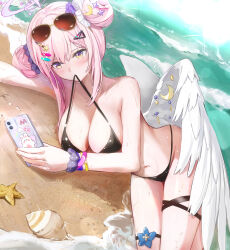 Rule 34 | 1girl, absurdres, alternate costume, beach, bikini, black bikini, blue archive, blush, breasts, cleavage, dana (hapong07), double bun, eyewear on head, feathered wings, hair bun, halo, highres, holding, holding phone, large breasts, looking at phone, lying, mika (blue archive), mouth hold, on side, phone, pink hair, sidelocks, string bikini, sunglasses, swimsuit, thigh strap, white wings, wings