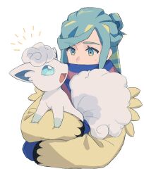 Rule 34 | 1boy, alolan form, alolan vulpix, blue mittens, blue scarf, commentary request, creatures (company), eyelashes, game freak, gen 7 pokemon, green eyes, green hair, grusha (pokemon), holding, holding pokemon, jacket, long sleeves, male focus, mittens, nintendo, nm222, pokemon, pokemon (creature), pokemon sv, scarf, scarf over mouth, striped clothes, striped scarf, sweatdrop, white background, yellow jacket