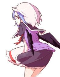 Rule 34 | 1girl, blue hair, female focus, from behind, miniskirt, multicolored hair, outline, red eyes, shamo (koumakantv), simple background, skirt, smile, solo, tokiko (touhou), touhou, two-tone hair, white background, white hair, wings