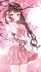 Rule 34 | 1girl, :o, blurry, blurry background, blurry foreground, blush, bow, branch, brown eyes, brown hair, cherry blossoms, collarbone, commentary, depth of field, flower, hand up, highres, long hair, long sleeves, looking at viewer, original, parted lips, petals, pink bow, pink sailor collar, pink skirt, pleated skirt, reel (riru), sailor collar, school uniform, serafuku, shirt, skirt, solo, symbol-only commentary, tears, very long hair, white flower, white shirt