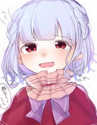 Rule 34 | 1girl, :d, blush, bow, braid, capelet, eringi (rmrafrn), fang, grey background, looking at viewer, open mouth, pointy ears, purple bow, purple hair, red capelet, red eyes, remilia scarlet, simple background, smile, solo, touhou, translation request, upper body, wavy mouth