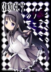 Rule 34 | 10s, akemi homura, argyle, argyle background, argyle clothes, black hair, hairband, highres, long hair, looking at viewer, magical girl, mahou shoujo madoka magica, mahou shoujo madoka magica (anime), mugaru, pantyhose, playing with own hair, purple eyes, solo