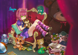 Rule 34 | 1girl, aa2233a, amumu, animal ears, annie (league of legends), backpack, bag, ball, bear, book, book stack, chair, character name, dress, gnar (league of legends), goggles, goggles on headwear, green eyes, hairband, hat, kog&#039;maw, league of legends, mushroom, open book, pillow, pink hair, poro (league of legends), purple dress, purple skirt, rammus, shoes, sitting, skirt, smile, socks, stitches, striped clothes, striped legwear, striped socks, stuffed animal, stuffed toy, teddy bear, teemo, tibbers, tongue, tongue out, yordle, zac (league of legends)