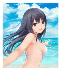 Rule 34 | 1girl, :d, bikini, black hair, blue eyes, blue sky, border, breasts, cloud, coffee-kizoku, day, from behind, highres, long hair, looking at viewer, looking back, medium breasts, ocean, open mouth, original, outstretched arms, shiramine rika, sideboob, sky, smile, solo, strap gap, swimsuit, upper body, water, white bikini, white border