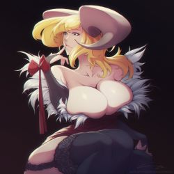 Rule 34 | 1girl, bare shoulders, black background, black gloves, black thighhighs, blonde hair, blue eyes, breasts, bridal gauntlets, cleavage, collarbone, deep skin, demon girl, demon horns, dress, elbow gloves, feather boa, finger to mouth, garter straps, gloves, highres, horns, impossible clothes, impossible dress, lace, lace-trimmed legwear, lace trim, large breasts, lips, looking away, medium hair, microdress, mole, mole under eye, no bra, nose, original, red ribbon, ribbon, signature, sitting, slivokuch, solo, thick thighs, thighhighs, thighs, watermark, web address, wrist ribbon