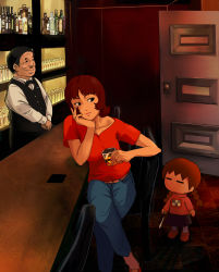 Rule 34 | 1boy, 2girls, alcohol, bar (place), bartender, black eyes, bottle, bow, bowtie, brown hair, chibi, crossover, cup, doitsuken, drinking glass, highres, holding, holding knife, indoors, knife, crossed legs, madotsuki, multiple girls, pants, paprika, paprika (character), shot glass, sitting, skirt, standing, twintails, yume nikki