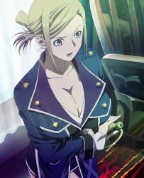 Rule 34 | 10s, 1girl, awashima seri, blonde hair, blue eyes, breasts, cleavage, female focus, from above, highres, indoors, k-project, large breasts, screencap, solo, stitched, sword, third-party edit, weapon
