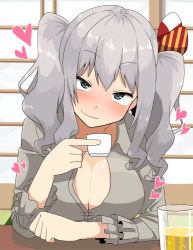 Rule 34 | 10s, 1girl, blush, breasts, choko (cup), cleavage, cup, drinking glass, drunk, grey hair, heart, kantai collection, kashima (kancolle), kotatsu, kozou (rifa), looking at viewer, sitting, smile, solo, table, twintails