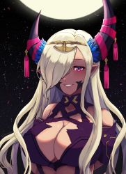 Rule 34 | 1girl, bare shoulders, blonde hair, blue eyes, blush, breasts, cleavage, dark skin, dragon girl, fire emblem, fire emblem engage, hair ornament, highres, horns, jewelry, large breasts, long hair, monster girl, moon, multicolored eyes, night, nintendo, pochaimo, pointy ears, red eyes, revealing clothes, sky, smile, solo, star (sky), starry sky, tagme, zephia (fire emblem)