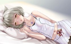 Rule 34 | 1girl, animal ears, arm behind back, black pantyhose, camisole, cat ears, chest jewel, grey hair, light blush, looking at viewer, lying, matrix16, midriff, mio (xenoblade), navel, on side, pantyhose, short hair, skirt, solo, stomach, white camisole, white skirt, xenoblade chronicles (series), xenoblade chronicles 3, yellow eyes