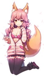 Rule 34 | 10s, animal ears, ankle boots, bikini, bikini top only, black footwear, black shorts, black thighhighs, blush, boots, breasts, cleavage, closed mouth, collarbone, fate/extra, fate (series), fox ears, fox tail, full body, hand on own chest, jacket, kneeling, long hair, long sleeves, looking at viewer, medium breasts, official alternate costume, open clothes, open jacket, partially unzipped, pink bikini, pink hair, shorts, simple background, sleeves past wrists, smile, solo, striped clothes, striped jacket, swimsuit, tail, tamamo (fate), tamamo no mae (fate/extra), tamamo no mae (spring casual) (fate), thighhighs, tsurime, wavy hair, white background, yellow eyes, yurizuka (sergeant heart), zipper