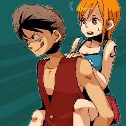 Rule 34 | 1boy, 1girl, :p, :q, bad id, bad pixiv id, black hair, carrying, dramatica, hat, lowres, monkey d. luffy, nami (one piece), one piece, orange eyes, orange hair, piggyback, red vest, scar, short hair, skirt, straw hat, sweat, tattoo, tongue, tongue out, vest