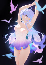 Rule 34 | 1girl, absurdres, armpits, arms up, bare arms, bare shoulders, black background, blue hair, breasts, commentary, covered erect nipples, cowboy shot, dress, ermu (enmmm), green eyes, groin, hair intakes, highres, honkai: star rail, honkai (series), long hair, looking at viewer, medium breasts, robin (honkai: star rail), sleeveless, sleeveless dress, solo, spaghetti strap, standing, thighs, very long hair