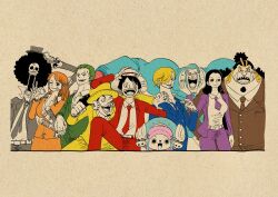 Rule 34 | 2girls, 6+boys, afro, antlers, belt, blonde hair, blue hair, blue jacket, blue necktie, brook (one piece), buzz cut, clenched hand, commentary request, cowboy shot, curly eyebrows, cyborg, earrings, facial hair, fish boy, formal, franky (one piece), goatee, green hair, grey jacket, grey necktie, hair over one eye, hair slicked back, hand on headwear, hat, headphones, highres, horns, jacket, jewelry, jinbe (one piece), light blue hair, light blue jacket, long nose, monkey d. luffy, multiple boys, multiple girls, nami (one piece), necktie, nico robin, ok sign, one eye closed, one piece, open mouth, orange hair, orange jacket, pants, ponytail, purple necktie, purple pants, red jacket, red necktie, red pants, reindeer antlers, rofta 55, roronoa zoro, sanji (one piece), scar, scar across eye, scar on face, short hair, sideburns, sidelocks, simple background, skeleton, smile, straw hat, suit, sword, thick eyebrows, tongue, tongue out, tony tony chopper, top hat, tusks, usopp, very short hair, weapon, yellow hat, yellow jacket