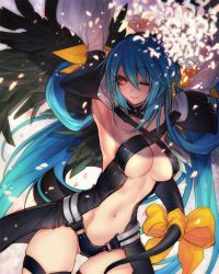Rule 34 | 1girl, arc system works, armpits, blue hair, bow, breasts, cleavage, dizzy (guilty gear), guilty gear, guilty gear x, guilty gear xx, large breasts, long hair, navel, one eye closed, oro (sumakaita), red eyes, solo, tail, tail bow, tail ornament, thighs, twintails, underwear, very long hair, wings