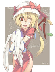 Rule 34 | 1girl, alternate costume, blonde hair, cowboy shot, dated, dress, fang, flandre scarlet, grey background, hair between eyes, hat, hat ribbon, holding, holding stuffed toy, long hair, looking at viewer, lyu, mob cap, one eye closed, open mouth, red dress, red eyes, red ribbon, ribbon, short sleeves, simple background, solo, striped arm warmers, stuffed animal, stuffed rabbit, stuffed toy, touhou, white hat