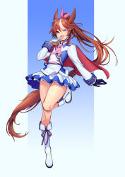 Rule 34 | 1girl, animal ears, ascot, asymmetrical gloves, black gloves, blue background, blue eyes, blue jacket, blue skirt, boots, bow, brown hair, buttons, cape, commentary, double-breasted, epaulettes, flat chest, gloves, gradient background, hair bow, hand on own chin, high ponytail, highres, horse ears, horse girl, hoze, jacket, knee boots, korean commentary, leg up, long hair, long sleeves, looking at viewer, miniskirt, mismatched gloves, mixed-language commentary, multicolored clothes, multicolored hair, multicolored jacket, open mouth, pillarboxed, pink ascot, pink bow, pleated skirt, red cape, single epaulette, skirt, smile, solo, streaked hair, thighs, tokai teio (umamusume), two-tone jacket, two-tone skirt, umamusume, very long hair, white footwear, white gloves, white hair, white jacket, white skirt